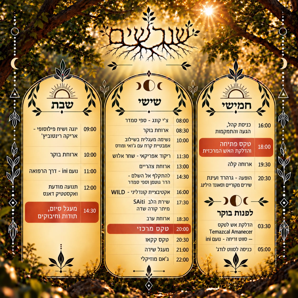 לוח זמנים מלא לשלושת הימים: חמישי כולל הגעה והתמקמות ב־16:00, טקס פתיחה והדלקת האש ב־18:00, ארוחה והופעה מוזיקלית בערב, וטקס זריחה וסווט לודג' לפנות בוקר. שישי כולל סדנאות צ'י קונג, נשימה ואמבטיית קרח, ריקוד אפריקאי, אקטיבציית קונדליני ושירה לאורך היום, וטקס מרכזי בשעה 20:00 ואחריו טקס קקאו ומעגל שירה. שבת כוללת יוגה ושיח, מרחבי תנועה ונשימה, ומעגל סיום ותודות ב־14:30.